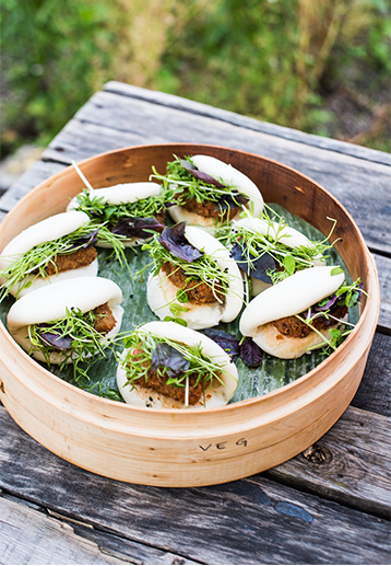 Bonbite fried eggplant bao with micro greens at the Brooklyn Grange at the Brooklyn Navy Yard