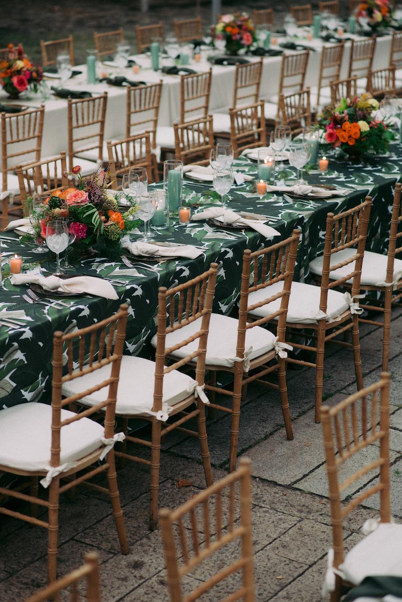 Bonbite catering wedding reception tropical table setting at The Foundry in LIC